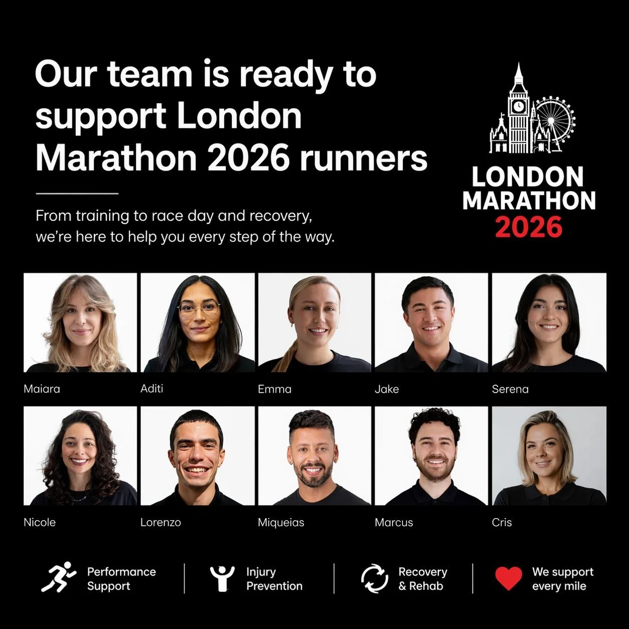 🏃&zwj;♂️ London Marathon 2026 🏃&zwj;♀️

You&rsquo;ve done the hard work now it&rsquo;s all about arriving at the start line feeling your best.

Our team is here for last-minute pre-race support and post-marathon recovery to help you finish strong a