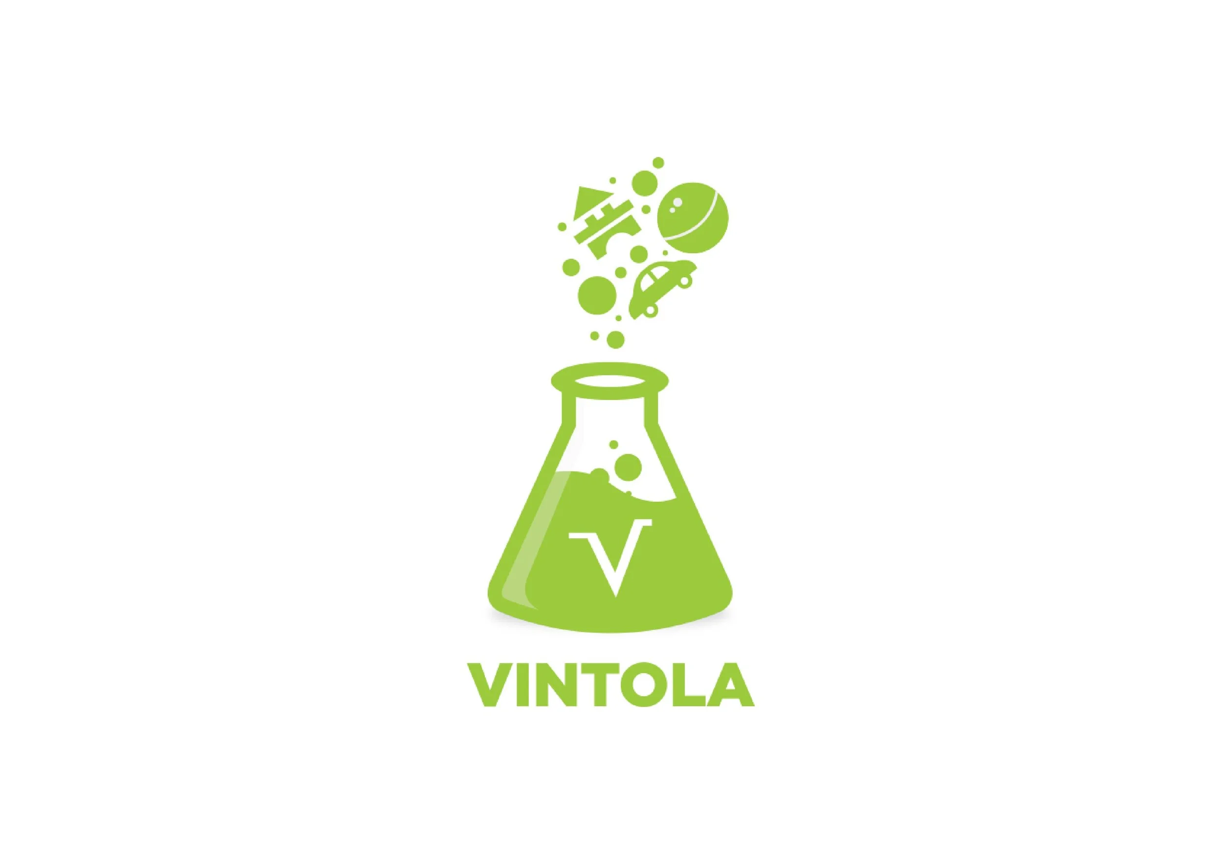 Vintola logo consisting of a lab bottle with toy elements coming out of the top.