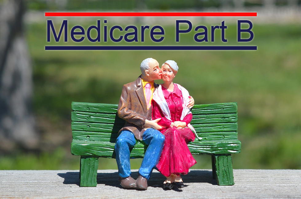 Figurine of an elderly couple sitting on a bench with the words "Medicare Part B" above them. The husband is kidding the wife on her cheek.