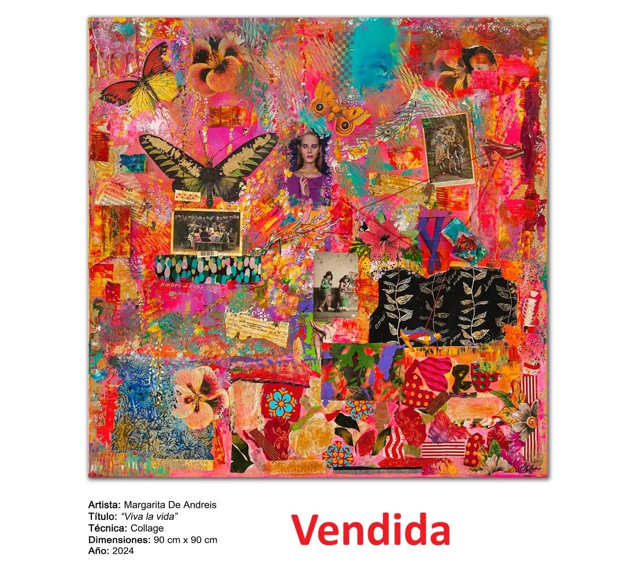 Collage colorido con mariposas, fotos en blanco y negro y a color, flores, y figuras humanas, en tonos vibrantes de rosa, naranja, azul y verde.