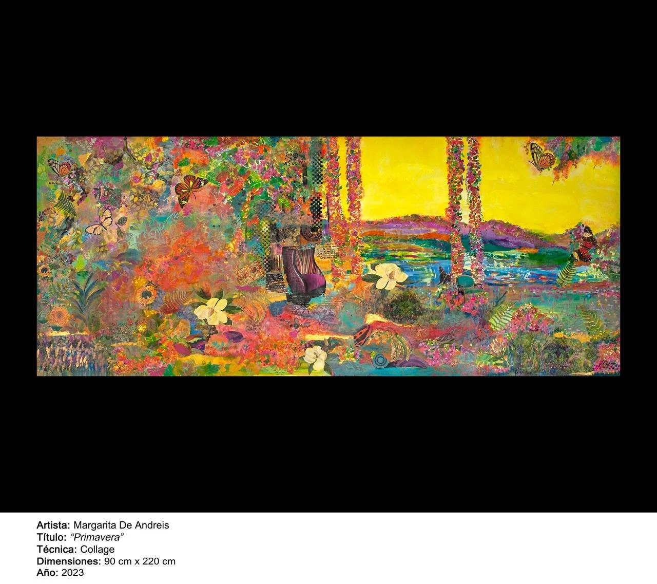 Pintura colorida titulada 'Primavera' por Margarita De Andreis, en técnica collage, con tamaño de 90x220 cm, creada en 2023. La obra muestra un paisaje vibrantemente floral con mariposas y elementos de naturaleza, en un entorno atmosférico de primave