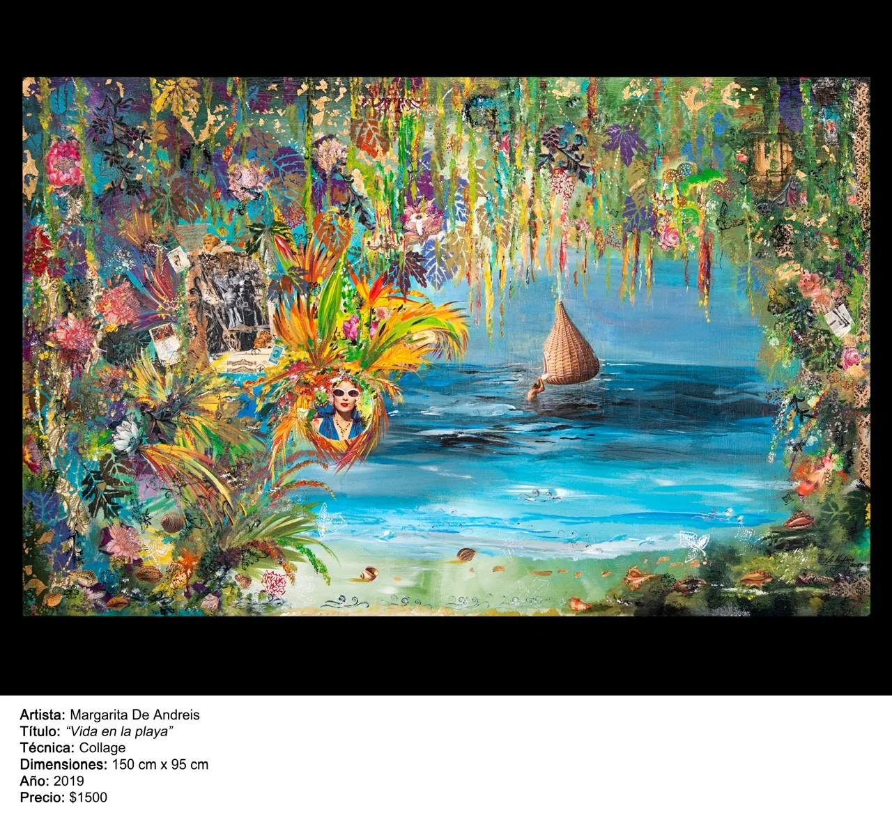 Un collage colorido que muestra un paisaje de playa con vegetación exótica, agua, y una figura de una persona con gafas de sol y cabello azul. También hay una balsa y un cisne en el agua, con un ambiente vibrante y detalles de flores y plantas tropic