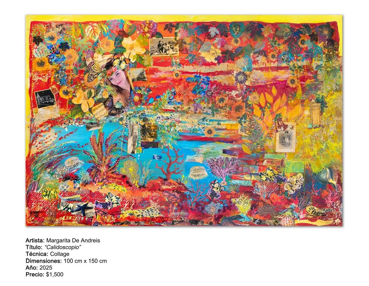 Un collage colorido que combina diversas imágenes y elementos artísticos, incluyendo una mujer, flores, animales marinos, y escenas variadas en un fondo vibrante y lleno de colores