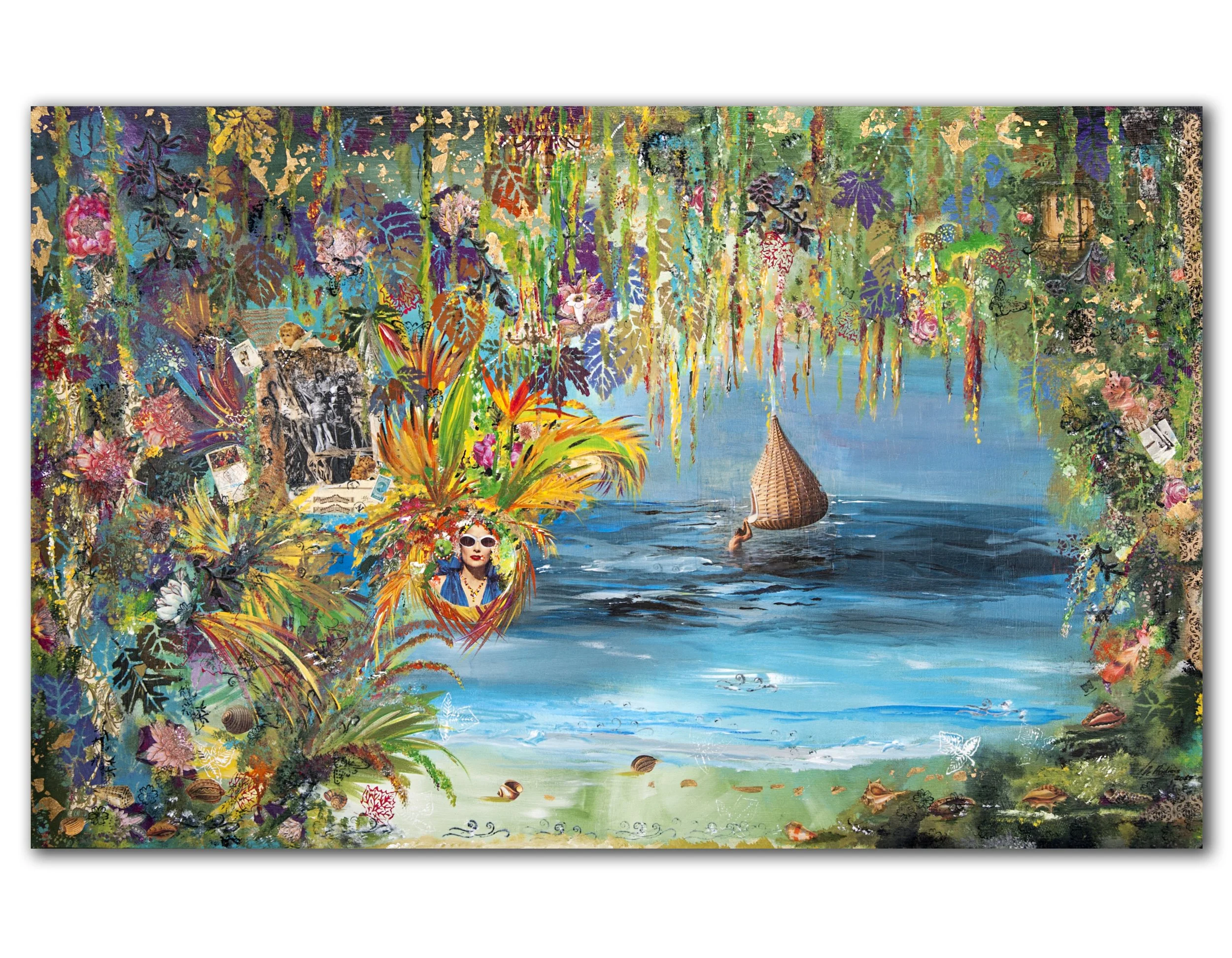 Un collage colorido que muestra un paisaje de playa con vegetación exótica, agua, y una figura de una persona con gafas de sol y cabello azul. También hay una balsa y un cisne en el agua, con un ambiente vibrante y detalles de flores y plantas tropic
