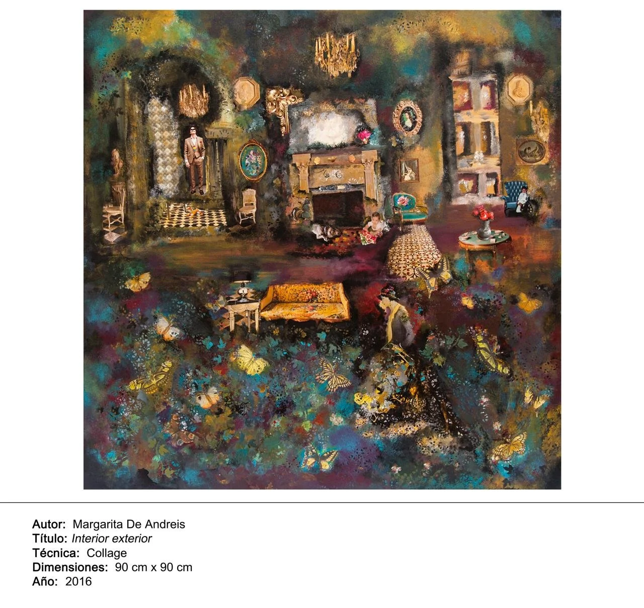 Pintura que muestra el interior de una casa con muebles vintage, dos personas, una de ellas con un perro, y muchas mariposas en primer plano, en un estilo collage.
