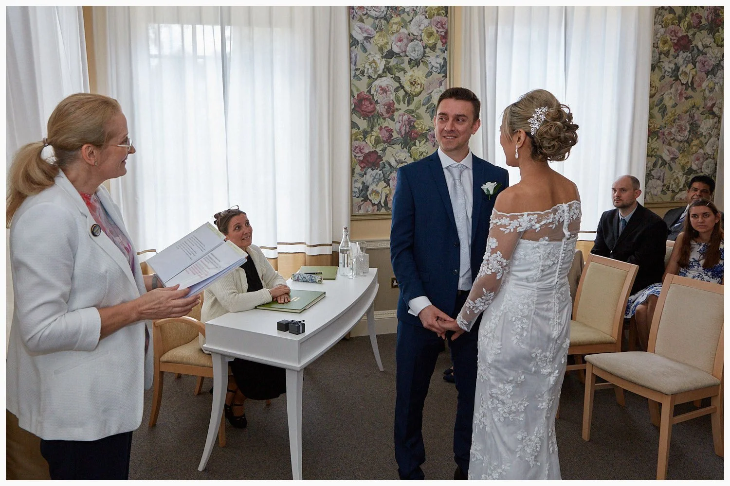 This bride and groom chose the larger of the two ceremony rooms called the Wellesley Room for their wedding at Basingstoke Register Office.