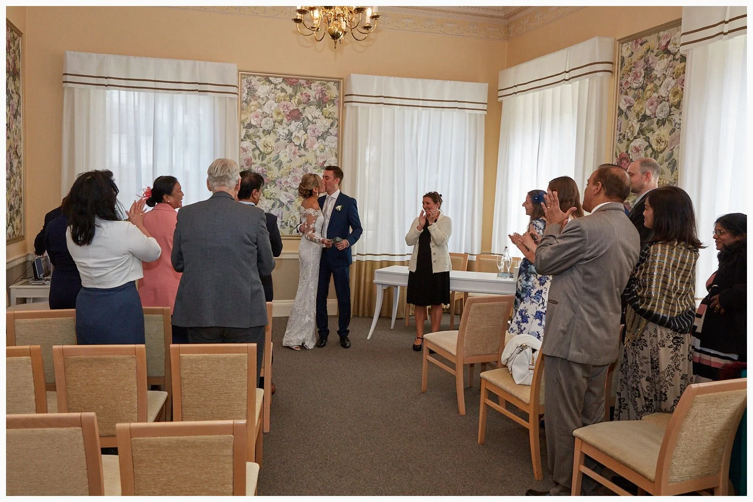 Bride and groom have their first kiss at the conclusion of the marriage ceremony