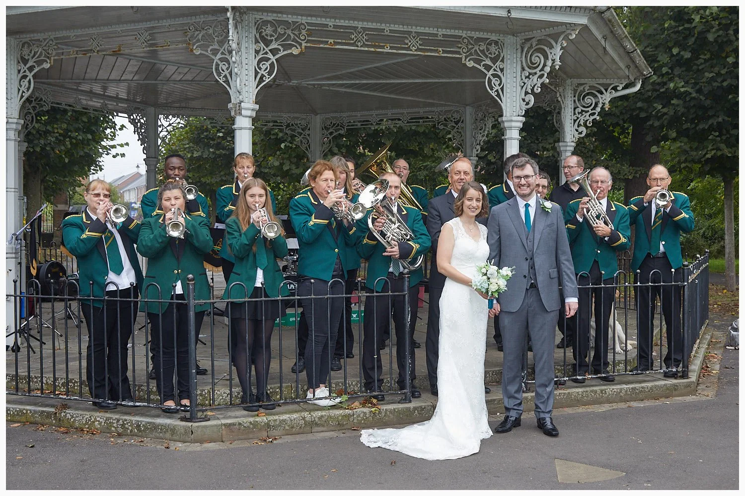Andover's Test Valley Brass played for the bride and groom in the Bandstand in Basingstoke's War Memorial Park shortly after their Autumn wedding at the nearby Goldings venue in the town. The bride is a member of the band and plays the cornet