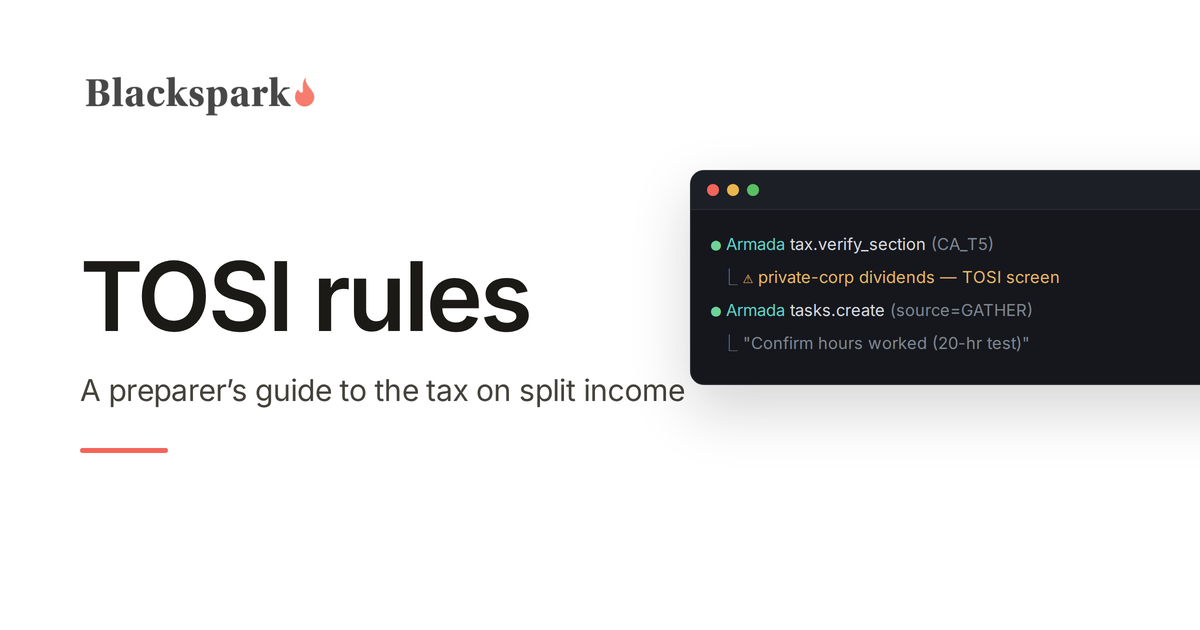 TOSI rules — a preparer's guide to the tax on split income, from Blackspark, with a terminal showing an Armada TOSI screening check