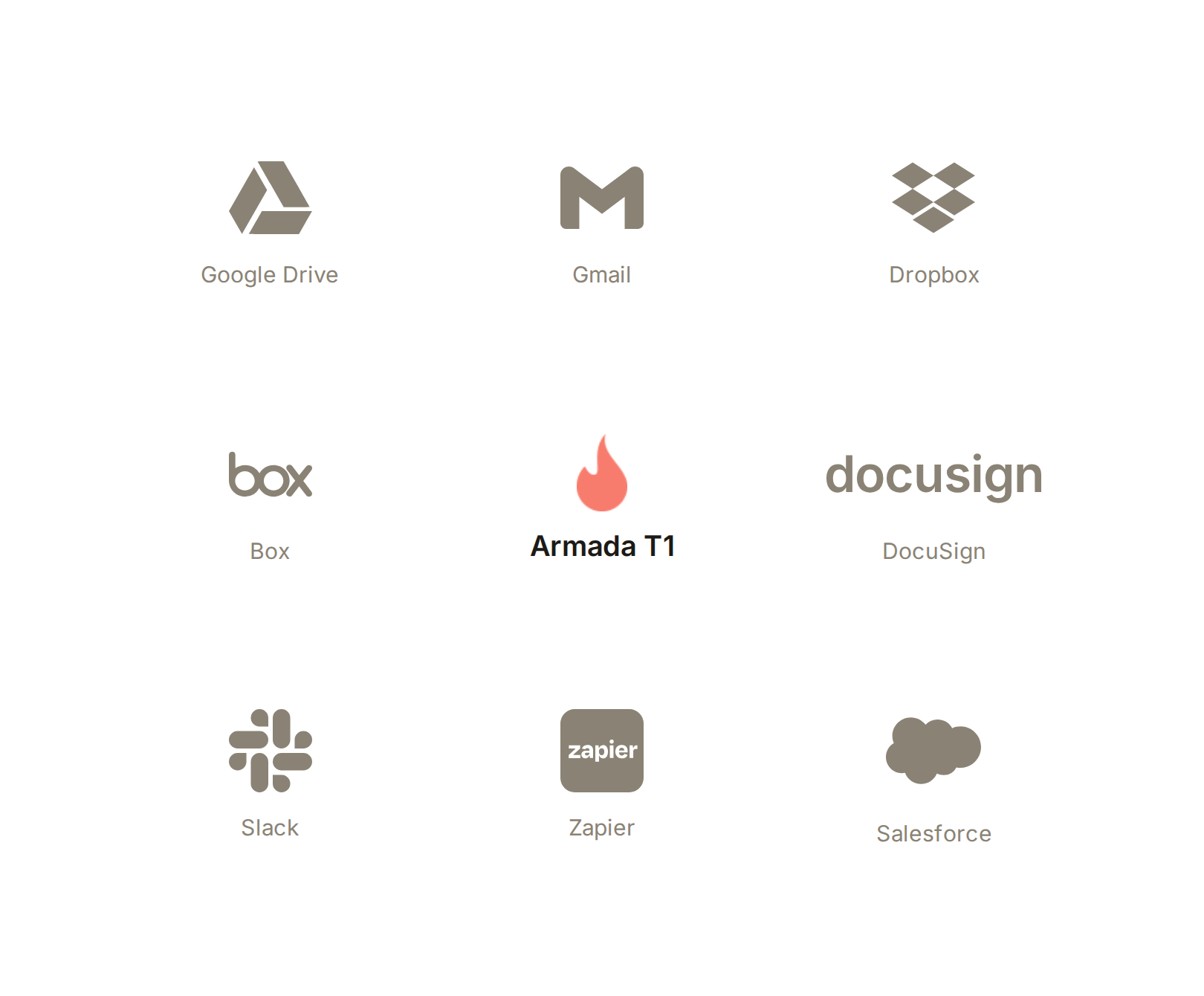 Armada T1 integrates with Google Drive, Gmail, Dropbox, Box, DocuSign, Slack, Zapier, and Salesforce.