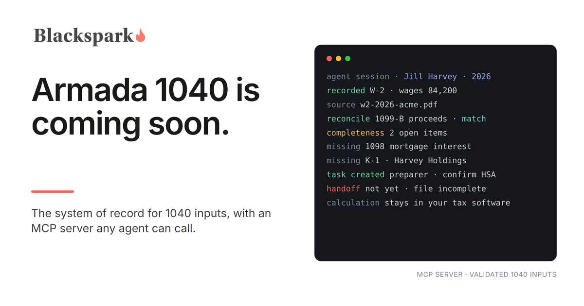 Armada 1040 is coming soon: an agent session recording and reconciling 1040 inputs with open items and no handoff yet.