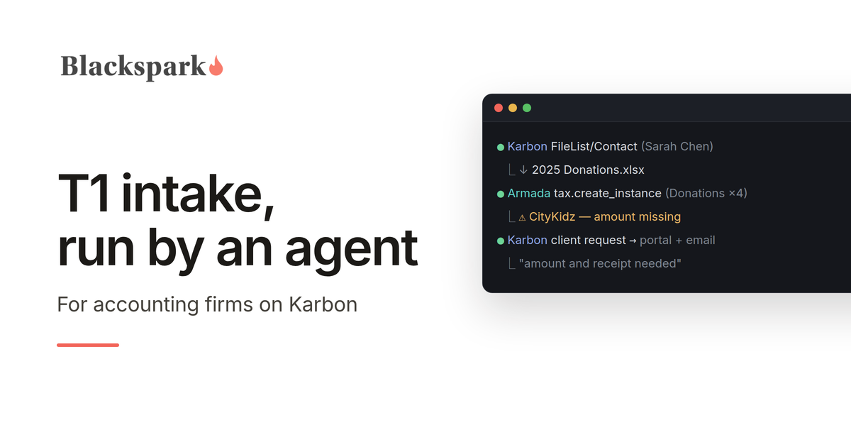 Terminal view of an AI agent pulling a client donations spreadsheet from Karbon, recording donations in Armada T1, flagging a missing amount, and sending a follow-up client request through Karbon.