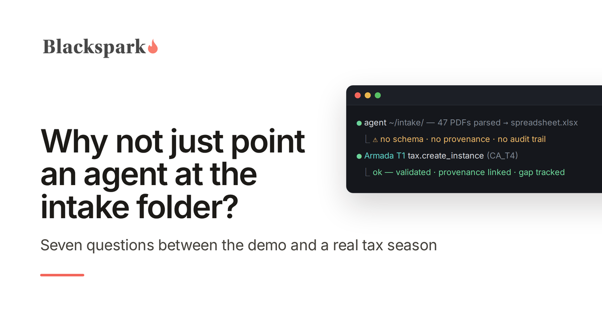 Why not just point an agent at the intake folder? A terminal contrasts a generic agent's untracked spreadsheet output — no schema, no provenance, no audit trail — with a validated, provenance-linked Armada T1 record.