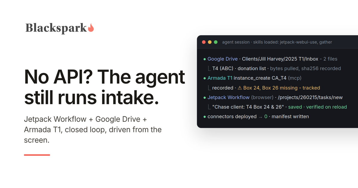 AI agent session running T1 intake across Google Drive, Armada T1, and Jetpack Workflow with no API, gaps tracked and tasks verified.