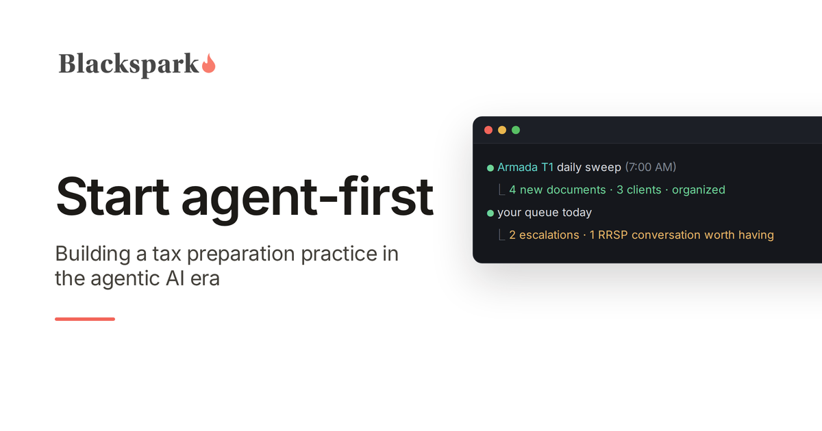 Start agent-first: building a tax preparation practice in the agentic AI era. A terminal shows the Armada T1 morning sweep organizing three clients' documents while the founder's queue holds two escalations and one RRSP planning conversation.