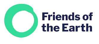 Logo of Friends of the Earth with a green circle and dark blue text
