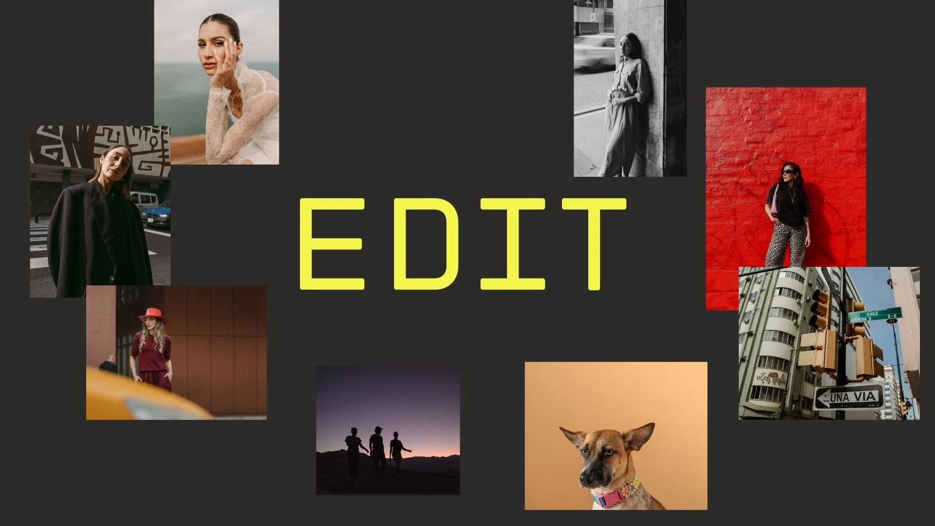 Collage de varias fotos de personas en diferentes escenarios urbanos y naturales, con letras grandes y amarillas en el centro que dice 'EDIT'.