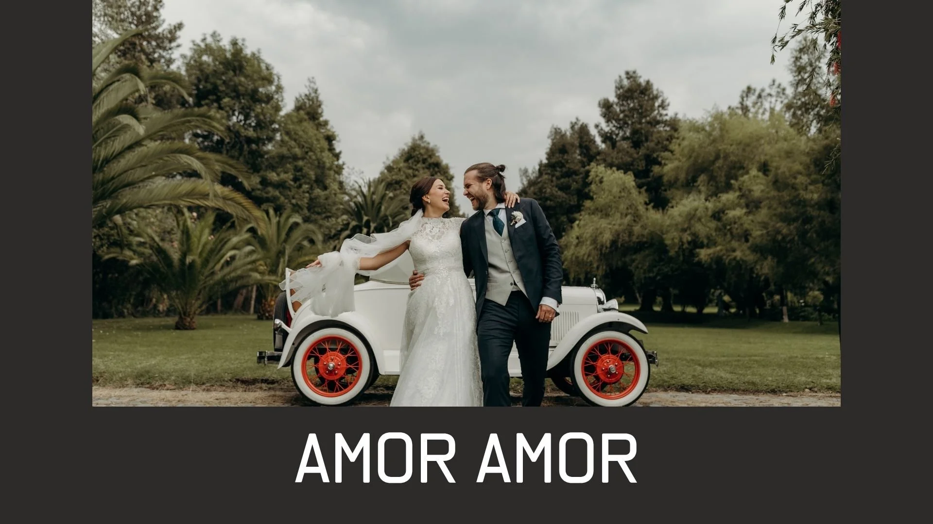 Pareja de recién casados en vestido de novia y traje de novio en un campo con árboles, posando juntos frente a un coche clásico blanco con llantas rojas, en un día nublado.