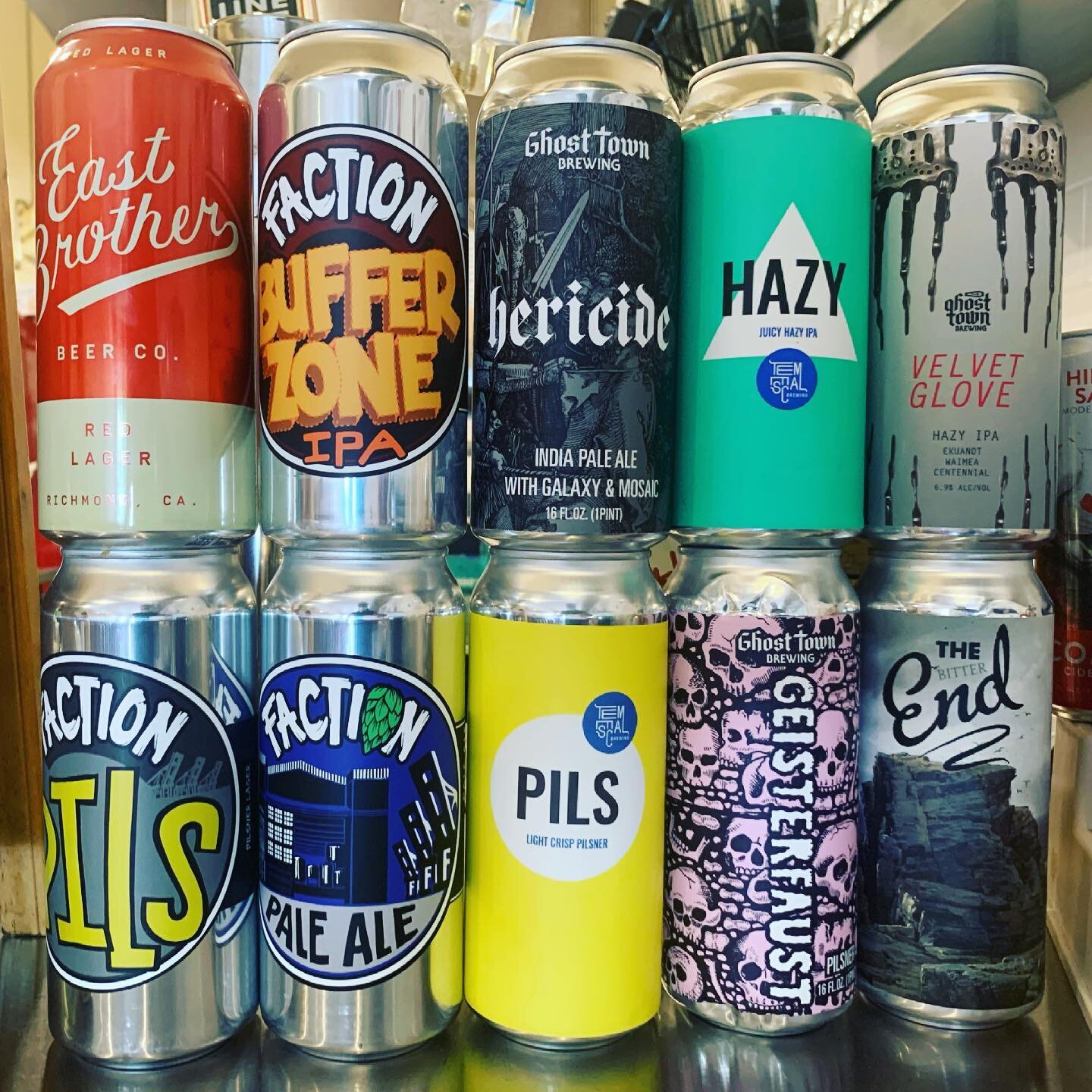 This months beer can selections..We always try to keep it local and work with our good friends. Cans from ghost town temescal, faction and East brother all local breweries..Also have faction, Line 51 ghost town on tap right now 👊🏽👊🏽 #parkburgeroa