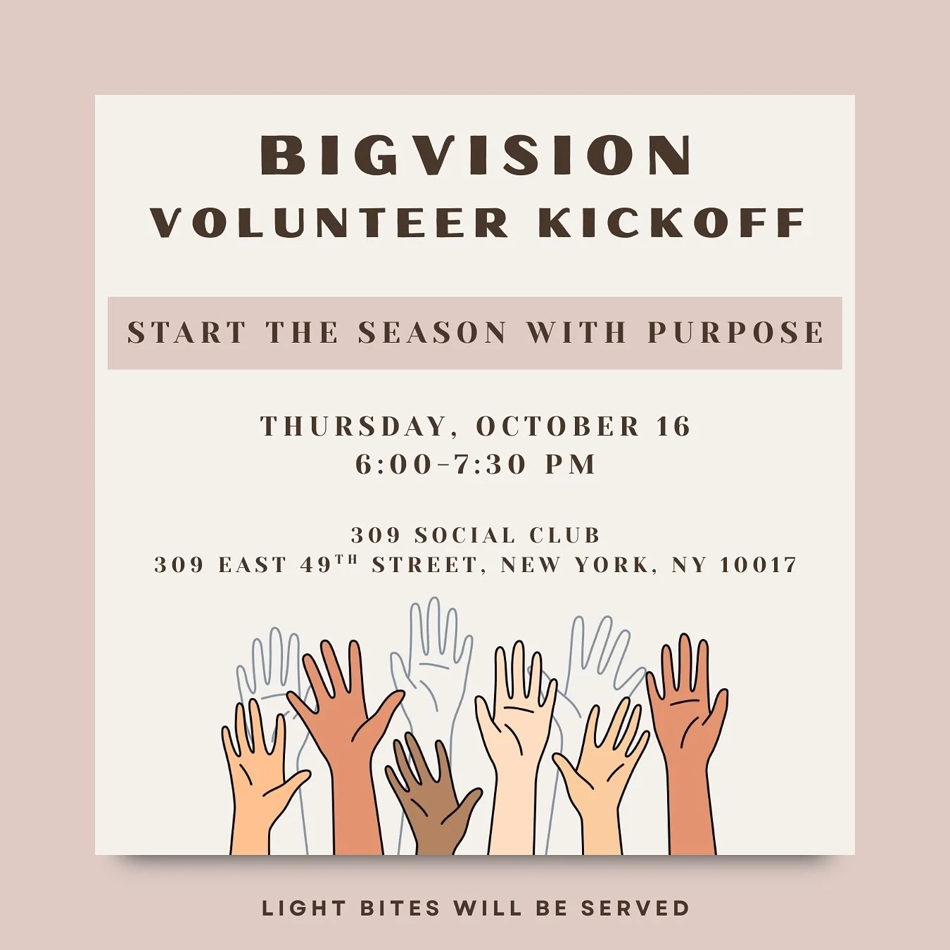 🌟 We&rsquo;re kicking off the fall season with our Bigvision Volunteer Kickoff at the 309 Social Club! 🌟

Whether you&rsquo;re a long-time volunteer, brand new, or just curious about how to get involved, this is the event for you. 

Come learn abou