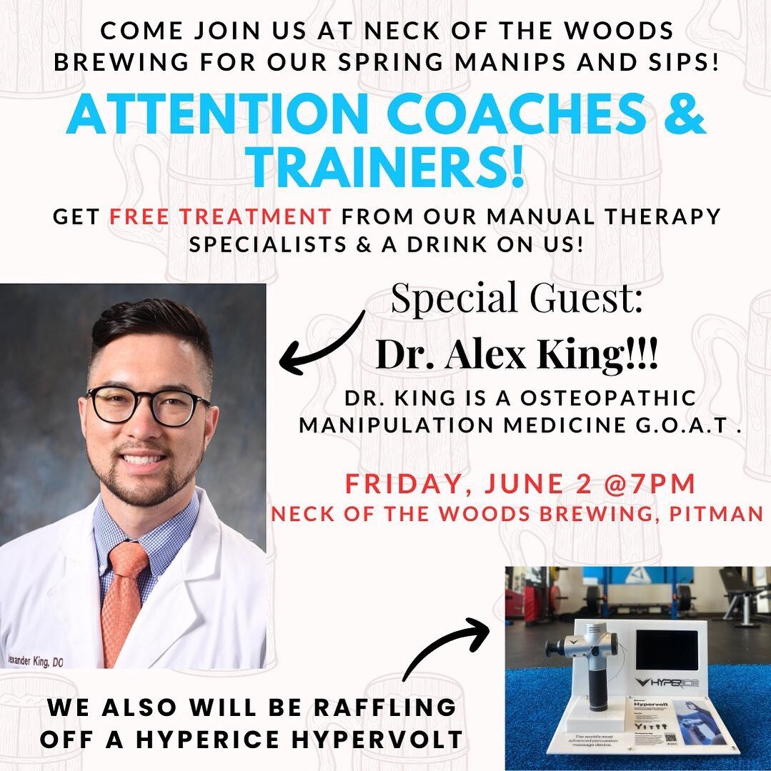 Coaches and Trainers, you don&rsquo;t want to miss this ‼️

Come hang out with us at our next Manips and Sips event!! Get free treatment from one of our doctors along with a free beer on Team Trifecta 💙

Get to know @doctor.alex.king who will also b