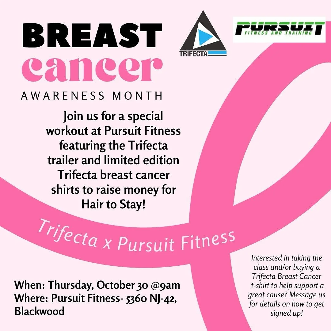 💪🎀 Join us for a special Breast Cancer Awareness Month workout with Trifecta x Pursuit Fitness! 💖

We&rsquo;re raising money for Hair to Stay with limited edition Trifecta Breast Cancer shirts and a workout that gives back. 💗

👚Interested in pur