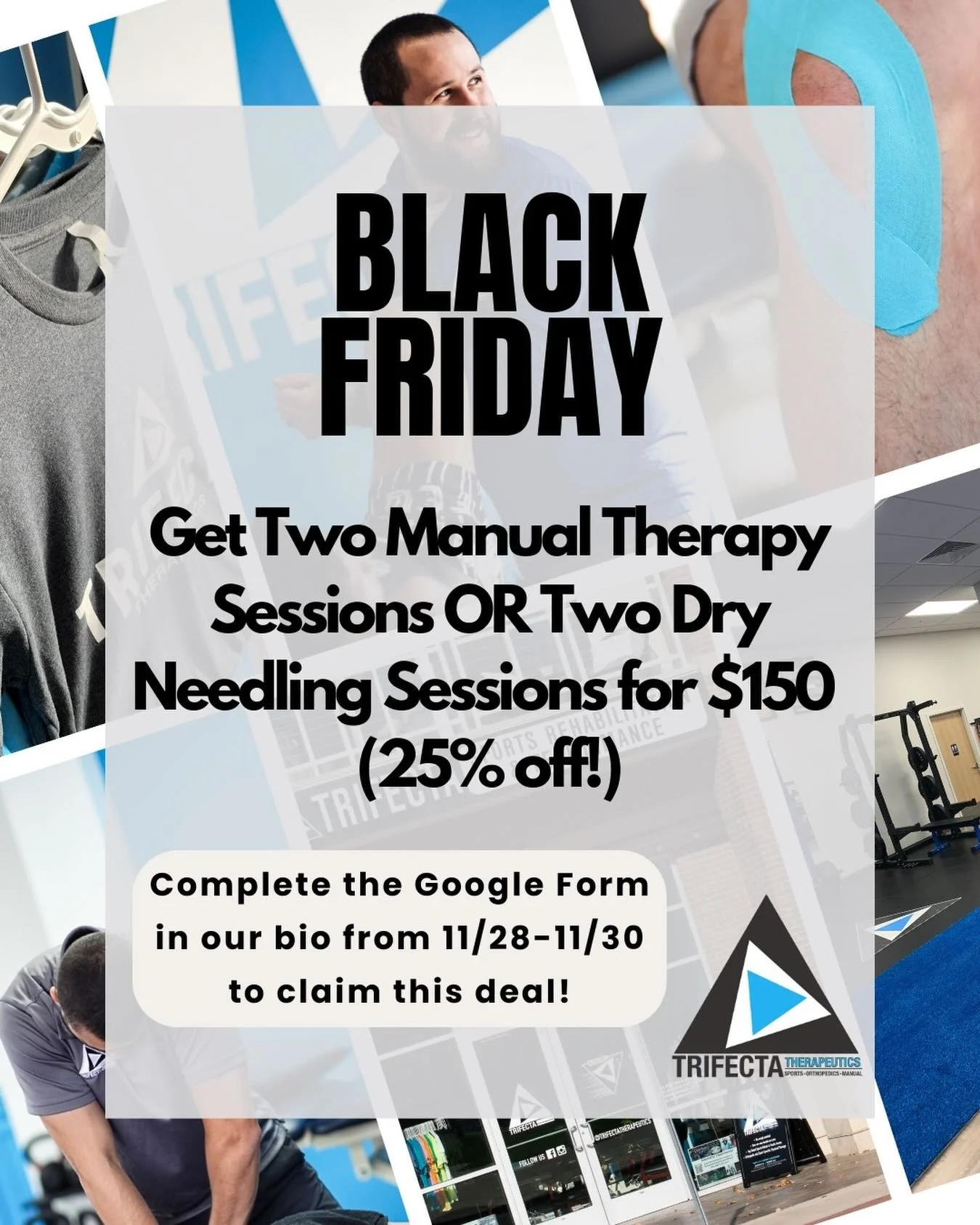 🚨BLACK FRIDAY DEAL ‼️

💪 Get Two Manual Therapy Sessions and/or Two Dry Needling Sessions for $150 (25% off)! 

You must fill out the form linked in our bio between 11/28/25-11/30/25 to receive this offer!!! 

After you fill out the form, we will c