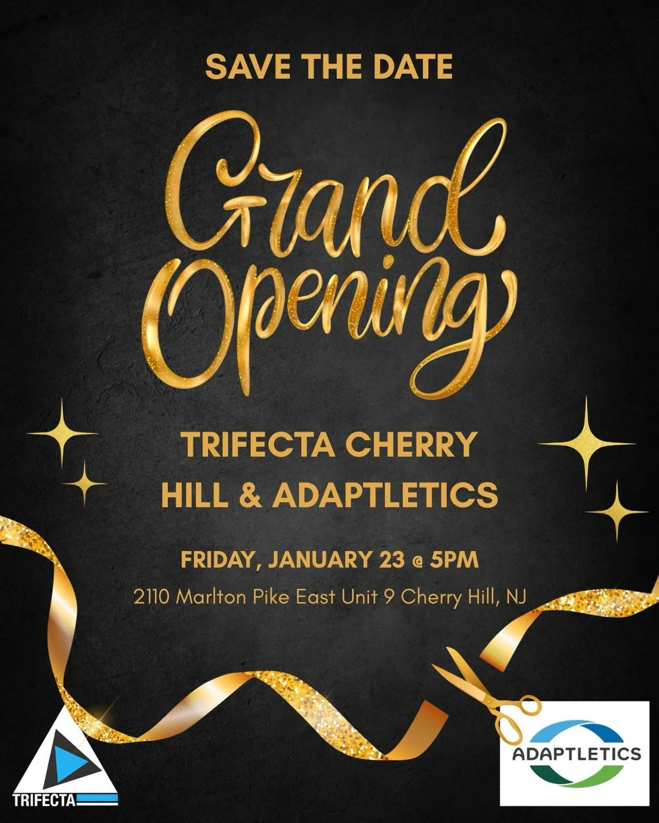 ‼️Save the date: Trifecta Cherry Hill x Adaptletics Official Grand Opening 🎉

🎊 Come join us for our official grand opening of our beautiful new space in Cherry Hill! We will have games, prizes, light food &amp; beverages and more! We hope to see y