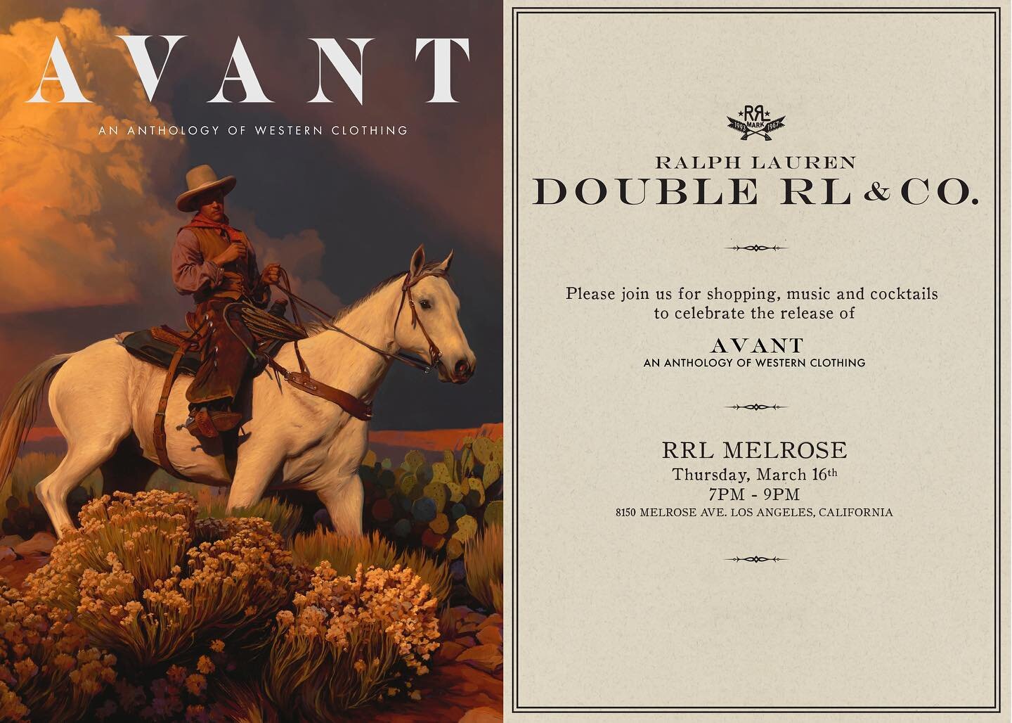 Tonight !! 
Come join us at RRL Store on Melrose to celebrate Western wear and vintage clothing ! No list, just come and say hi that&rsquo;s gonna be a lot of fun ! See you, 7 pm !
#avant #avantmagazine #ralphlauren #rrl #doublerl #westernwear #weste