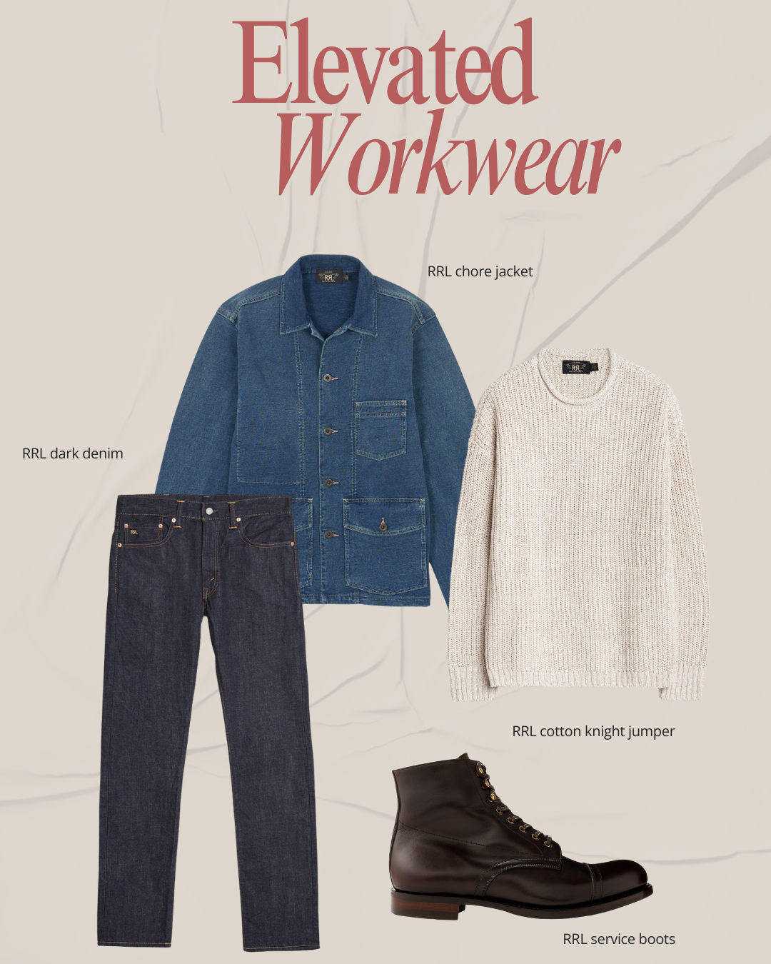 Display of men's workwear outfit including RRL dark denim jeans, RRL chore jacket, RRL cotton knight jumper, and RRL service boots.