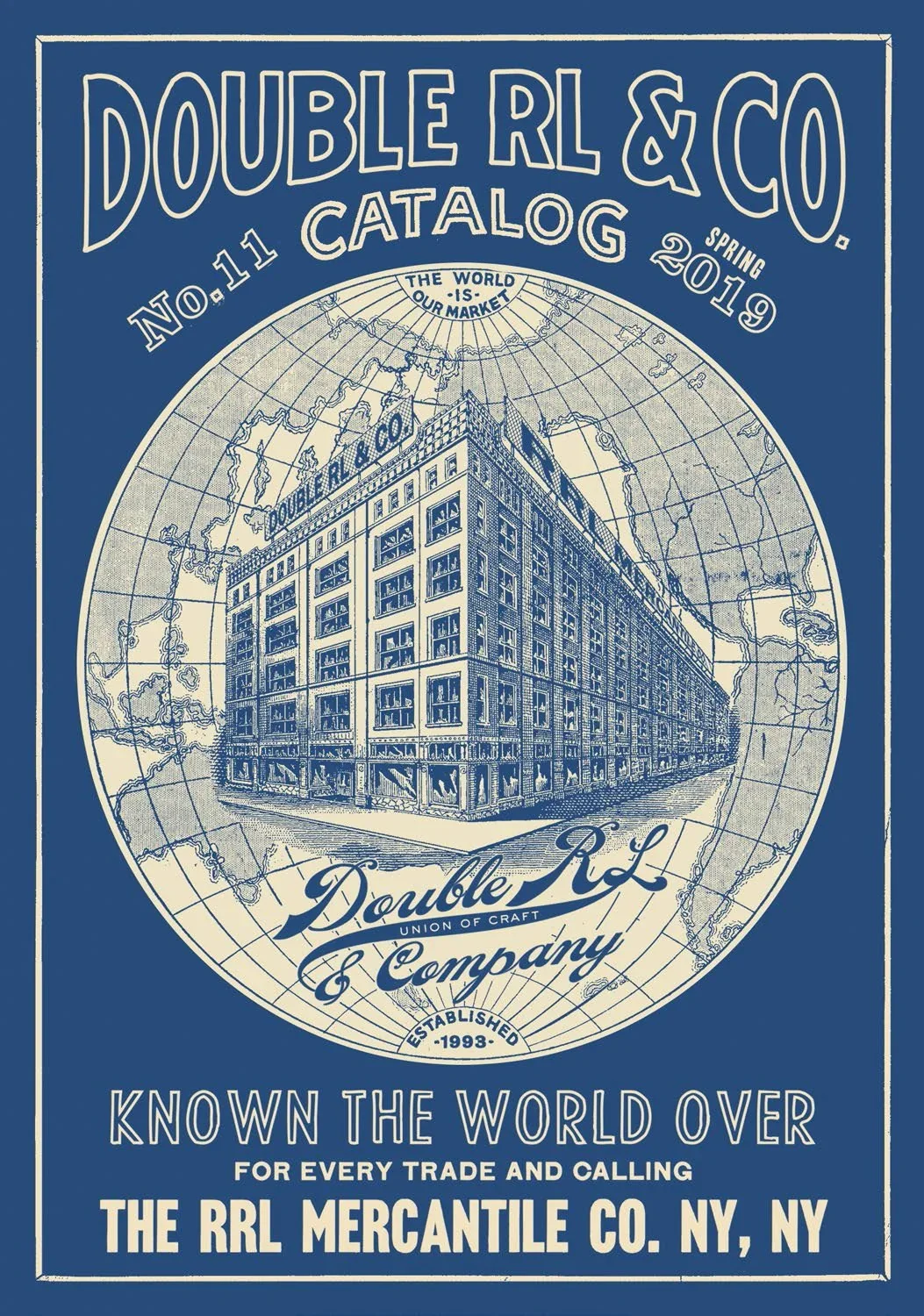 Vintage-style catalog cover for Double RL & Co. featuring a building and a world map with the company's name, location in New York, and the year 1993.