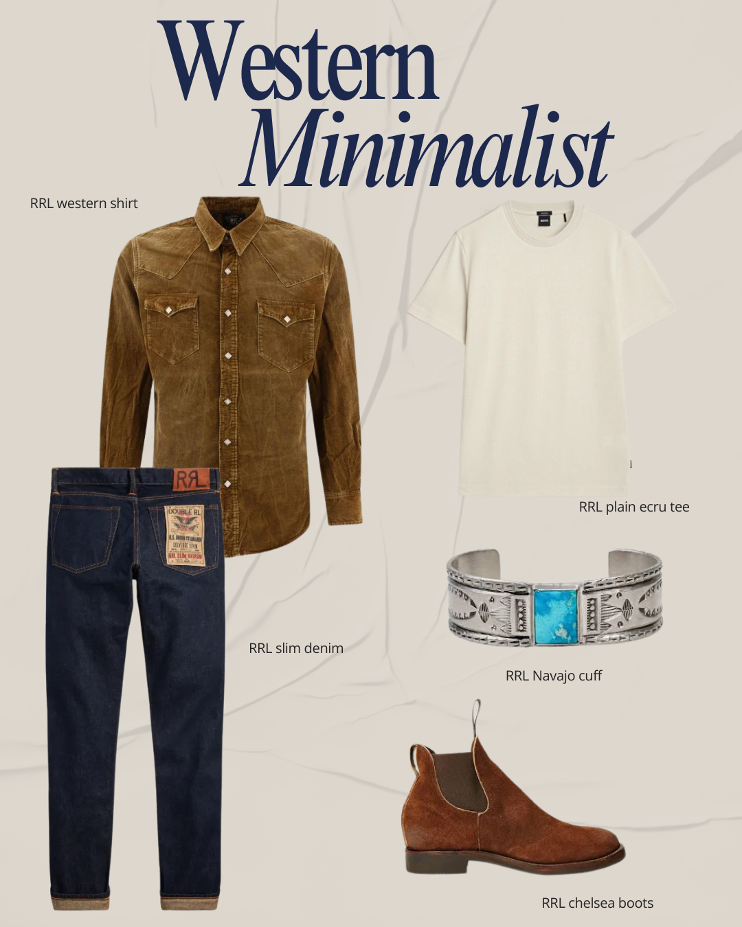Western minimalistic outfit including a RRL western shirt, RRL plain ecru tee, RRL slim denim jeans, RRL Navajo cuff bracelet, and RRL chelsea boots.