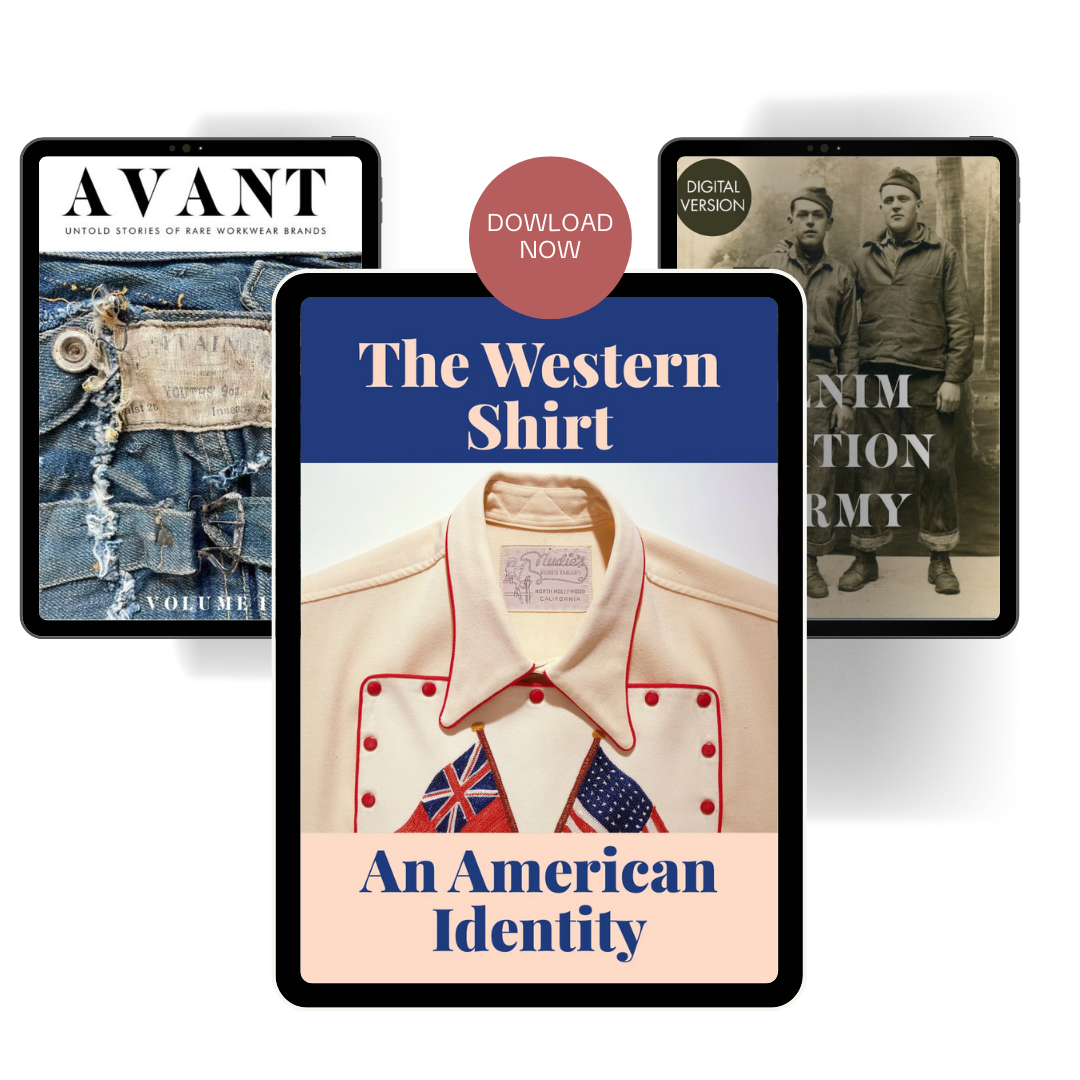 Three digital magazine covers related to American culture and history. The front cover features a Western shirt with patriotic flags and the title "The Western Shirt: An American Identity." The other two covers are partially visible behind it, one with distressed jeans and the title "AVANT" and the other showing two men in uniform with military-themed text.