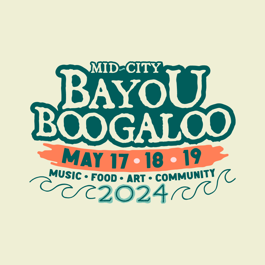 Bayou Boogaloo 2024 rebrand featuring the redesigned festival logo, custom typography and wave graphics.