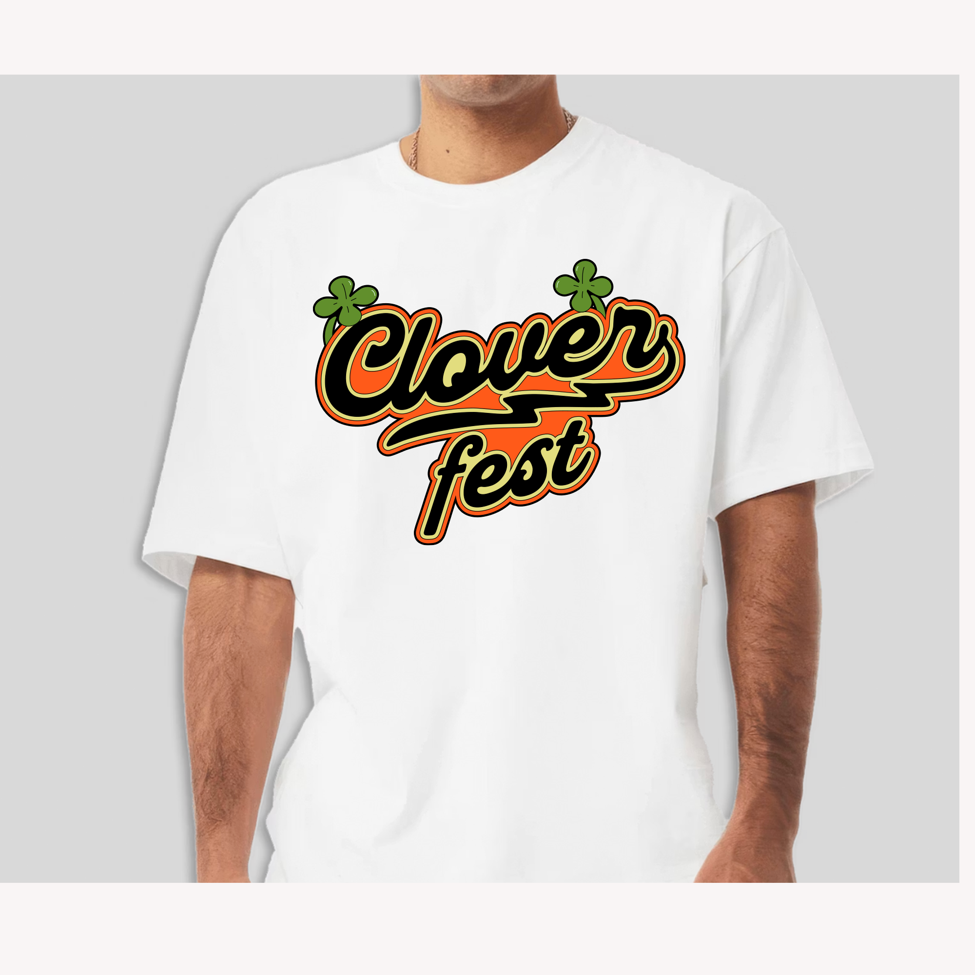 Clover Fest white T-shirt featuring the primary orange and green festival logo.