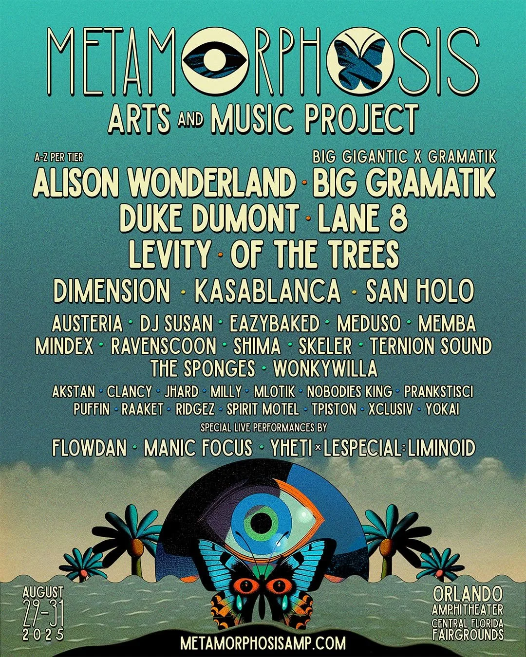 Metamorphosis Orlando Florida music festival concert graphic designer branding brand design illustration logo merch stage wristbands mainstage design scrims lineup poster