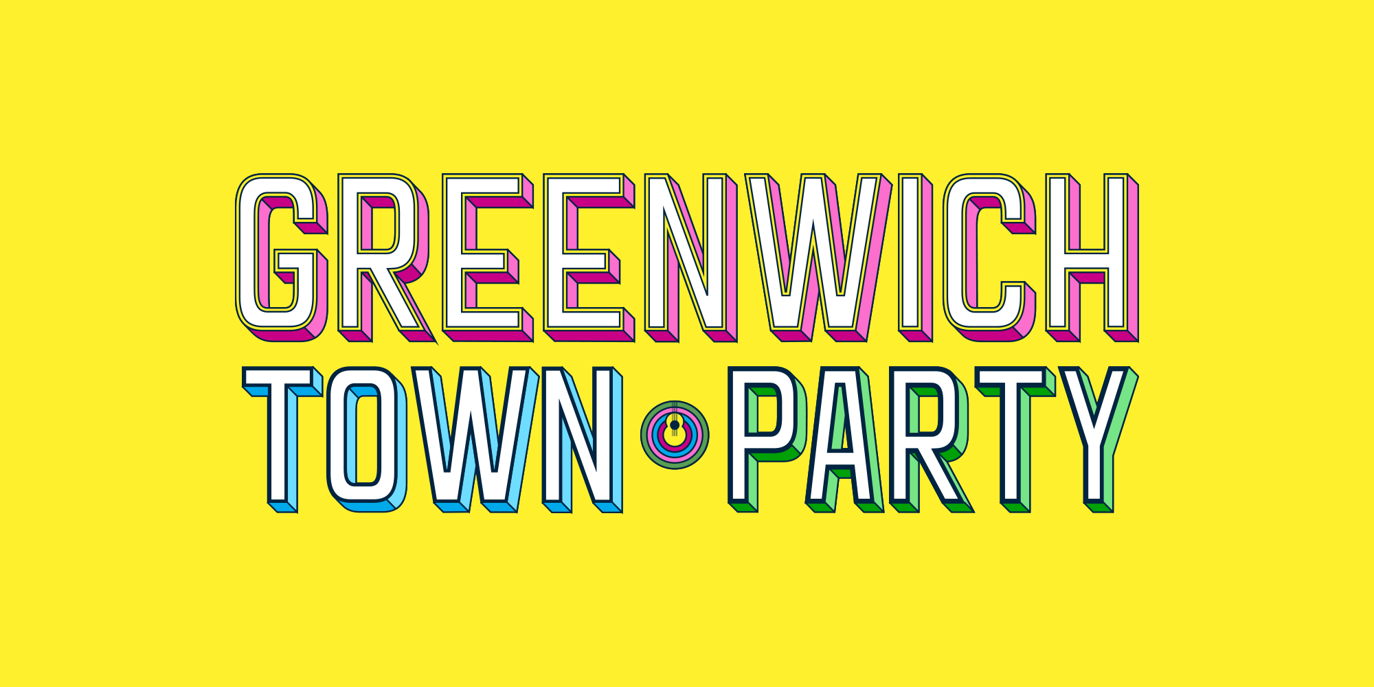 Greenwich Town Party logo and annual festival visual identity on a bright yellow background.