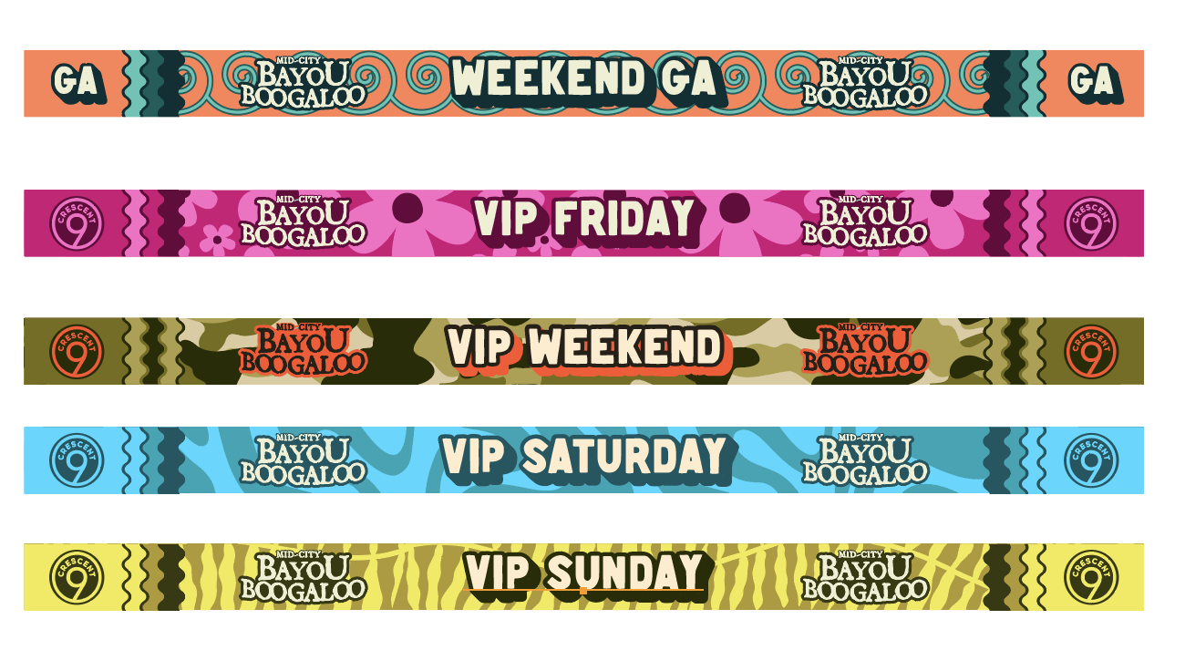 Bayou Boogaloo Music Festival concert event branding design brand designer illustration logo style agency patterns icons logo sponsorship deck map wristbands credentials stickies laminates