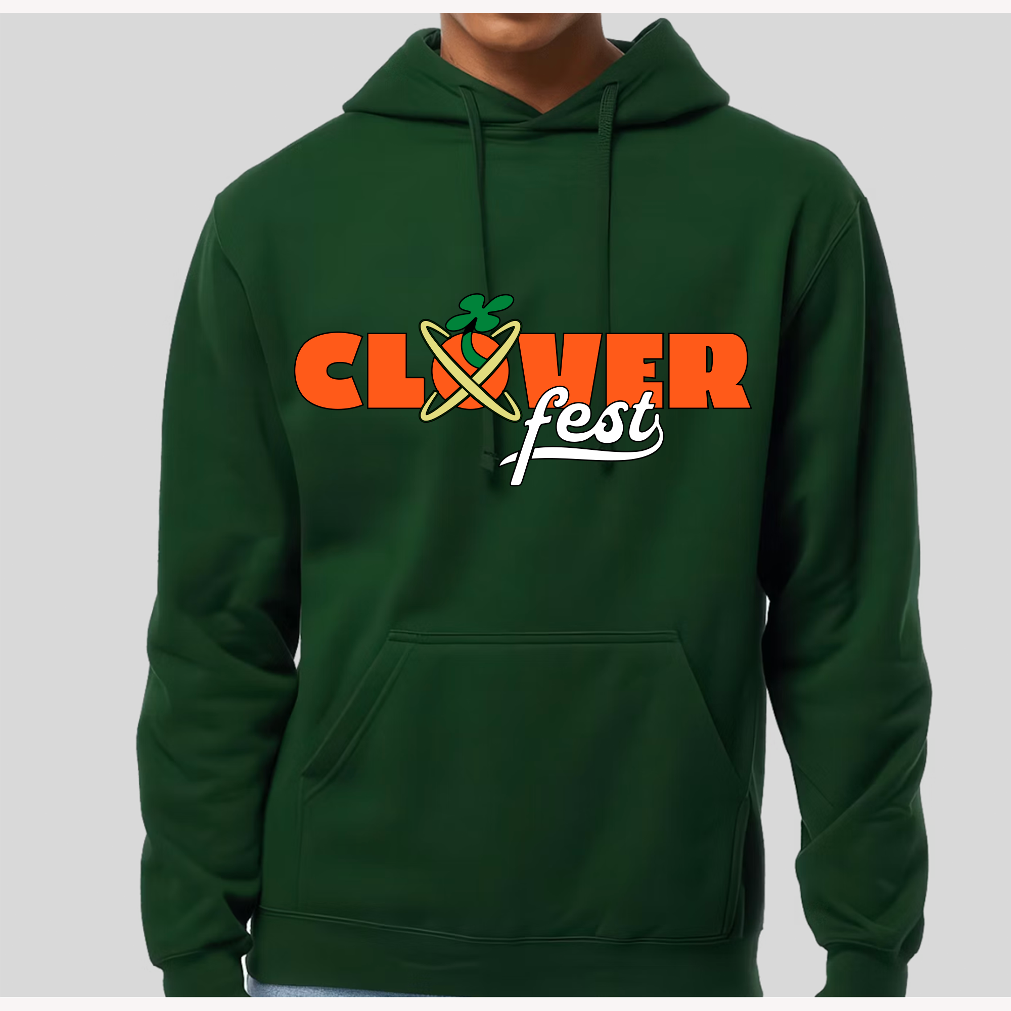 Clover Fest green hoodie with custom orange and cream festival graphic.