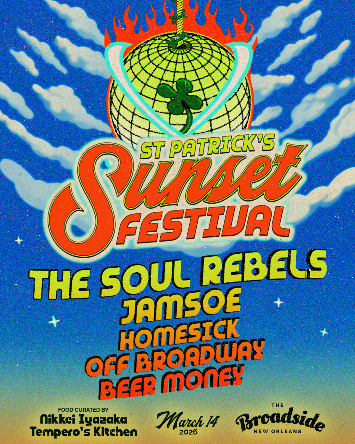 Vintage retro colorful illustrated lineup poster design for Sunset Music Festival.