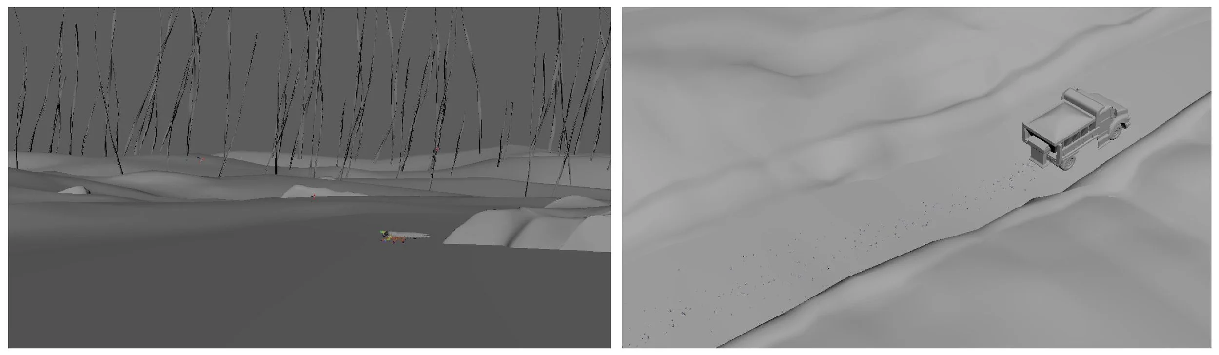 Screenshots of 3D scenes in the Maya viewport. Includes a scene at the bottom of a pond with the green darner larva, and a scene with a truck applying salt to a snowy road.