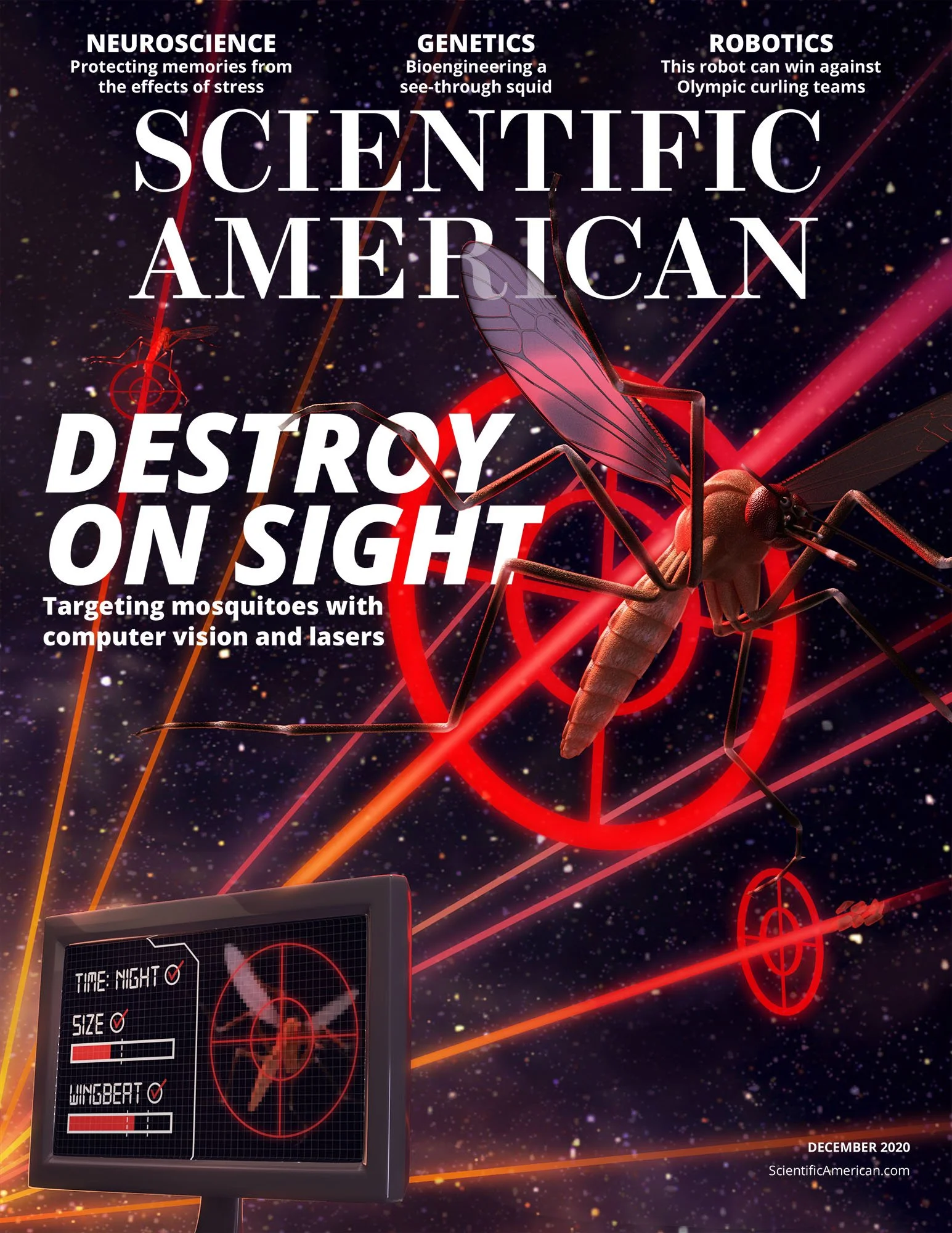 Prospective scientific journal cover with a digital 3D model of a mosquito being targeted by a computer vision and laser system. The computer selects targets by time of day, size, and wingbeat frequency.