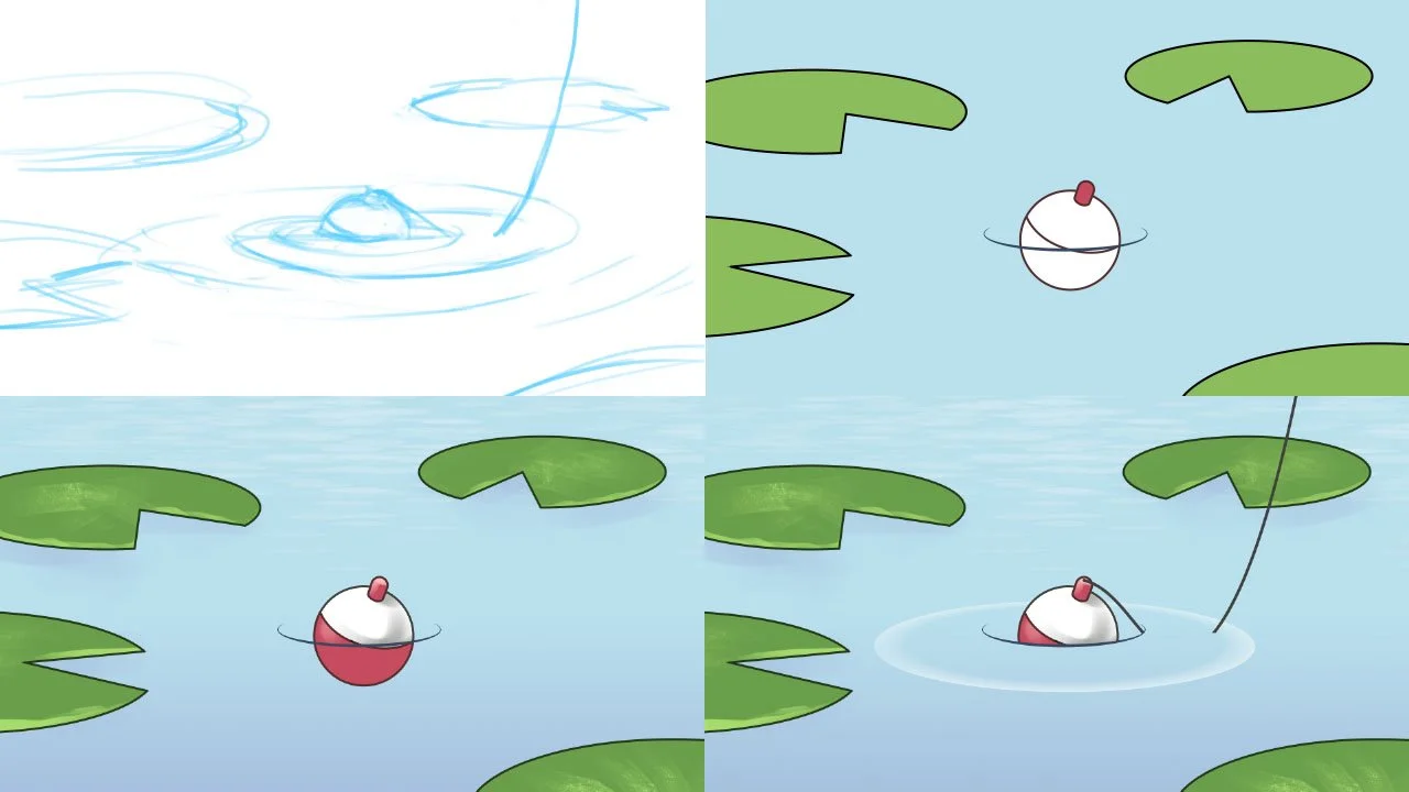 Process of creating assets for 2D animation. Includes sketch, clean vectors, raster shading, and compositing.