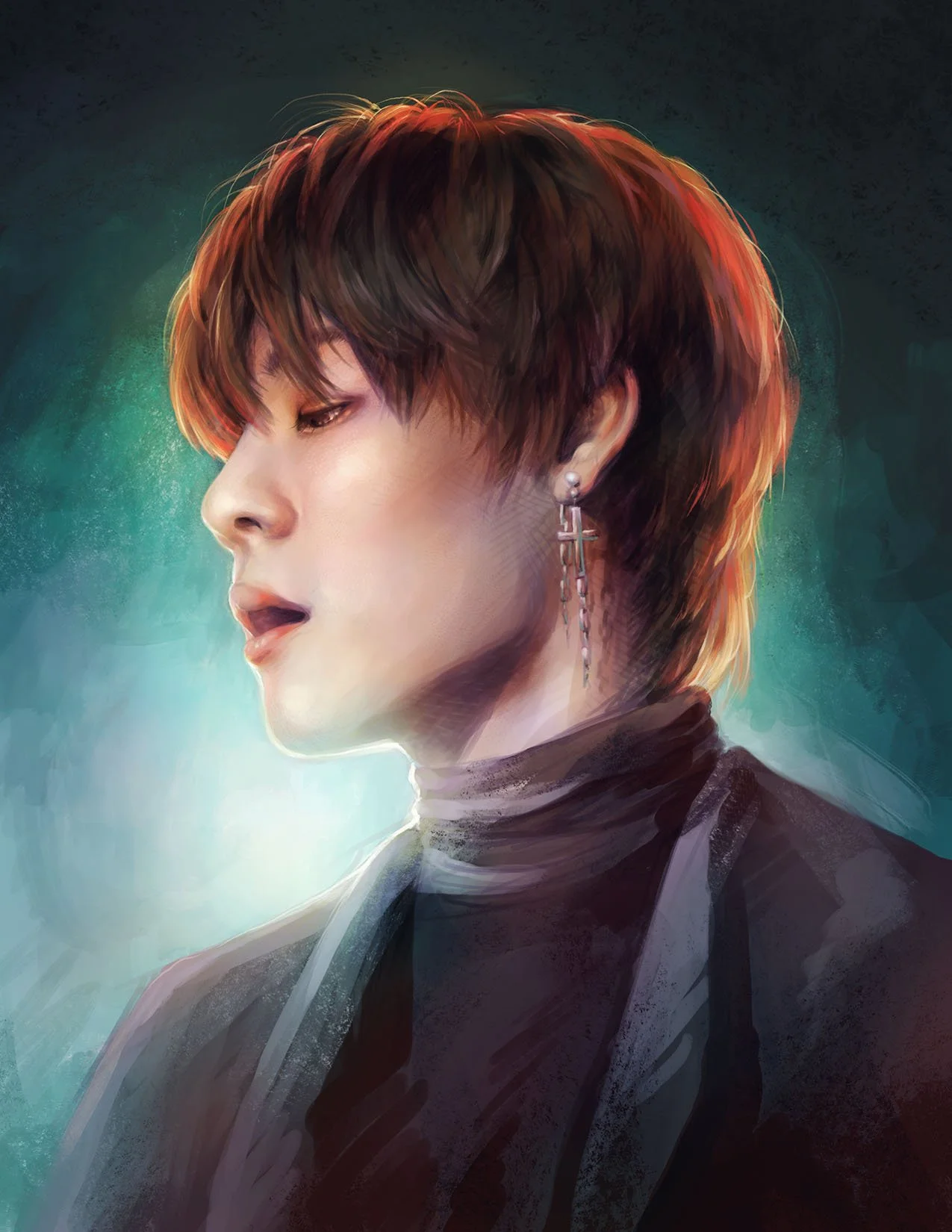 Digital painting of a portrait of an East Asian man, created as part of a workshop on how to pick colour palettes. The red hair contrasts with the green background, and the complementary colour scheme is balanced with desatured yellow and purple.