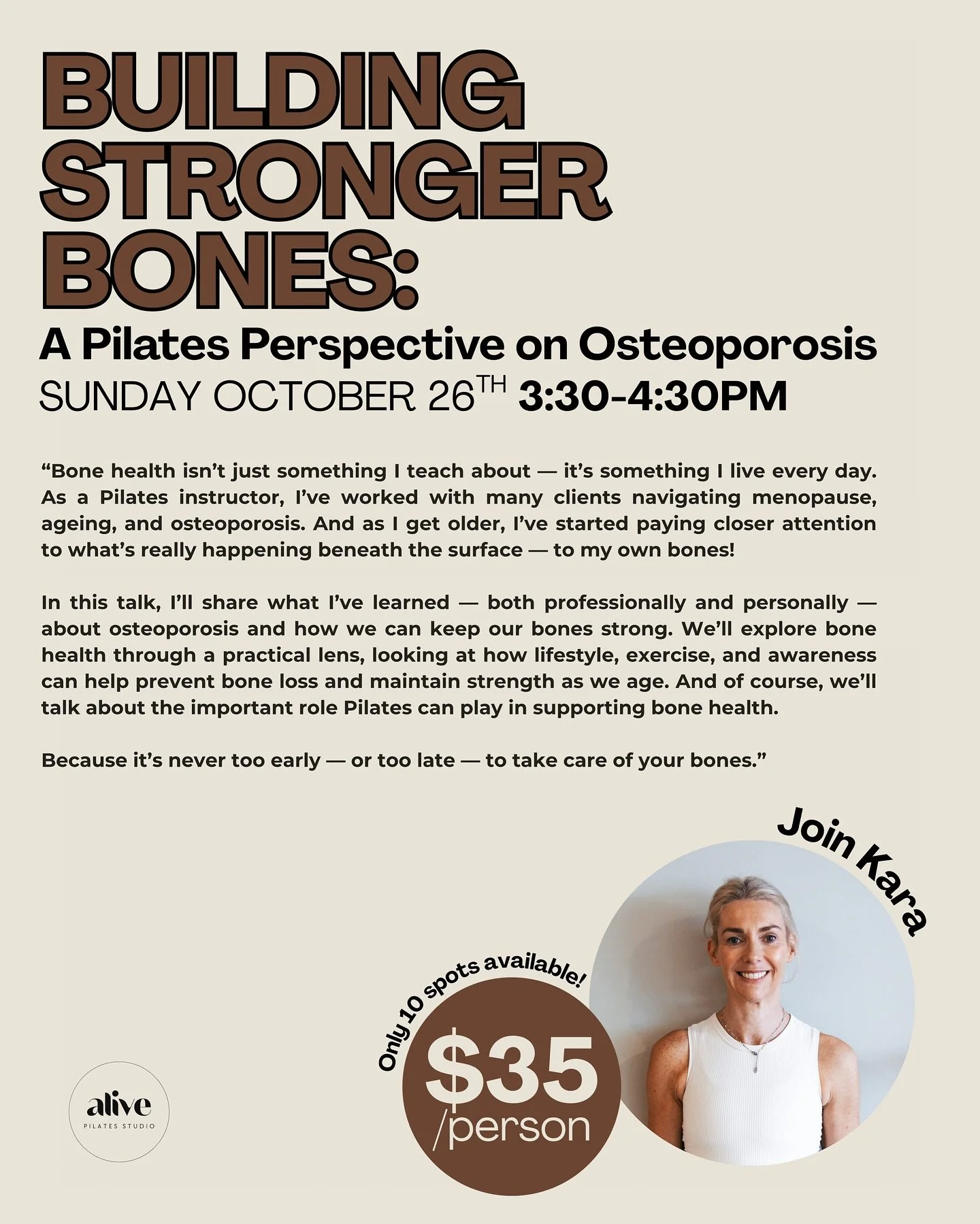 BUILDING STRONGER BONES: A Pilates Perspective on Osteoporosis 🦴Join Kara on Sunday October 26th at 3:30pm. 

&ldquo;Bone health isn&rsquo;t just something I teach about &mdash; it&rsquo;s something I live every day. As a Pilates instructor, I&rsquo