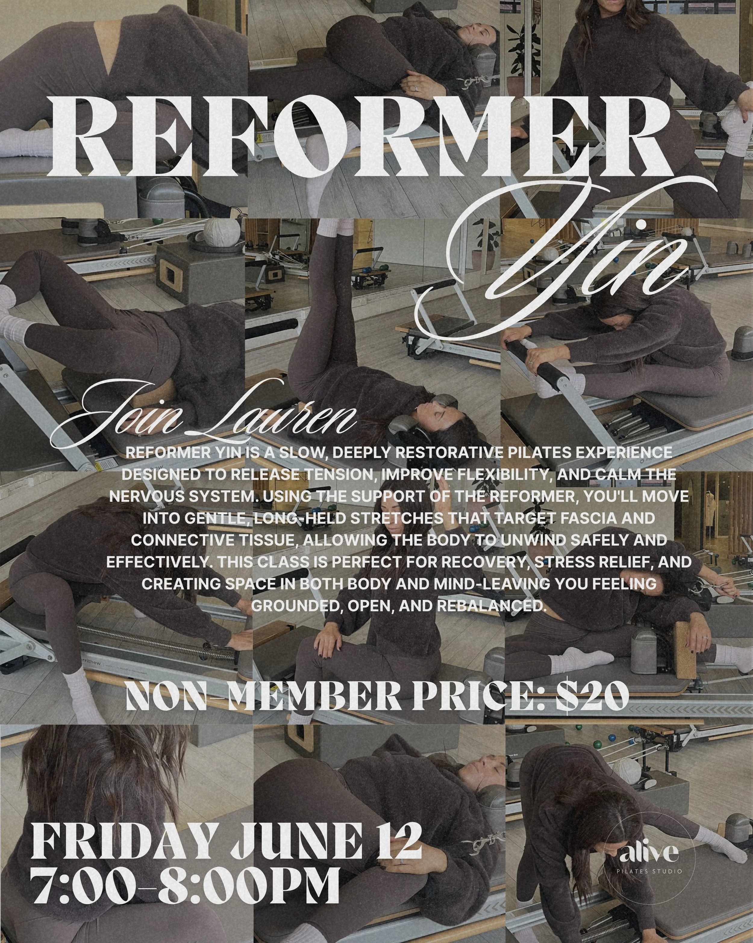 ✨ Join Lauren for REFORMER YIN 🧘🏽&zwj;♂️

Reformer Yin is a slow, deeply restorative Pilates experience designed to release tension, improve flexibility, and calm the nervous system. Using the support of the reformer, you&rsquo;ll move into gentle,