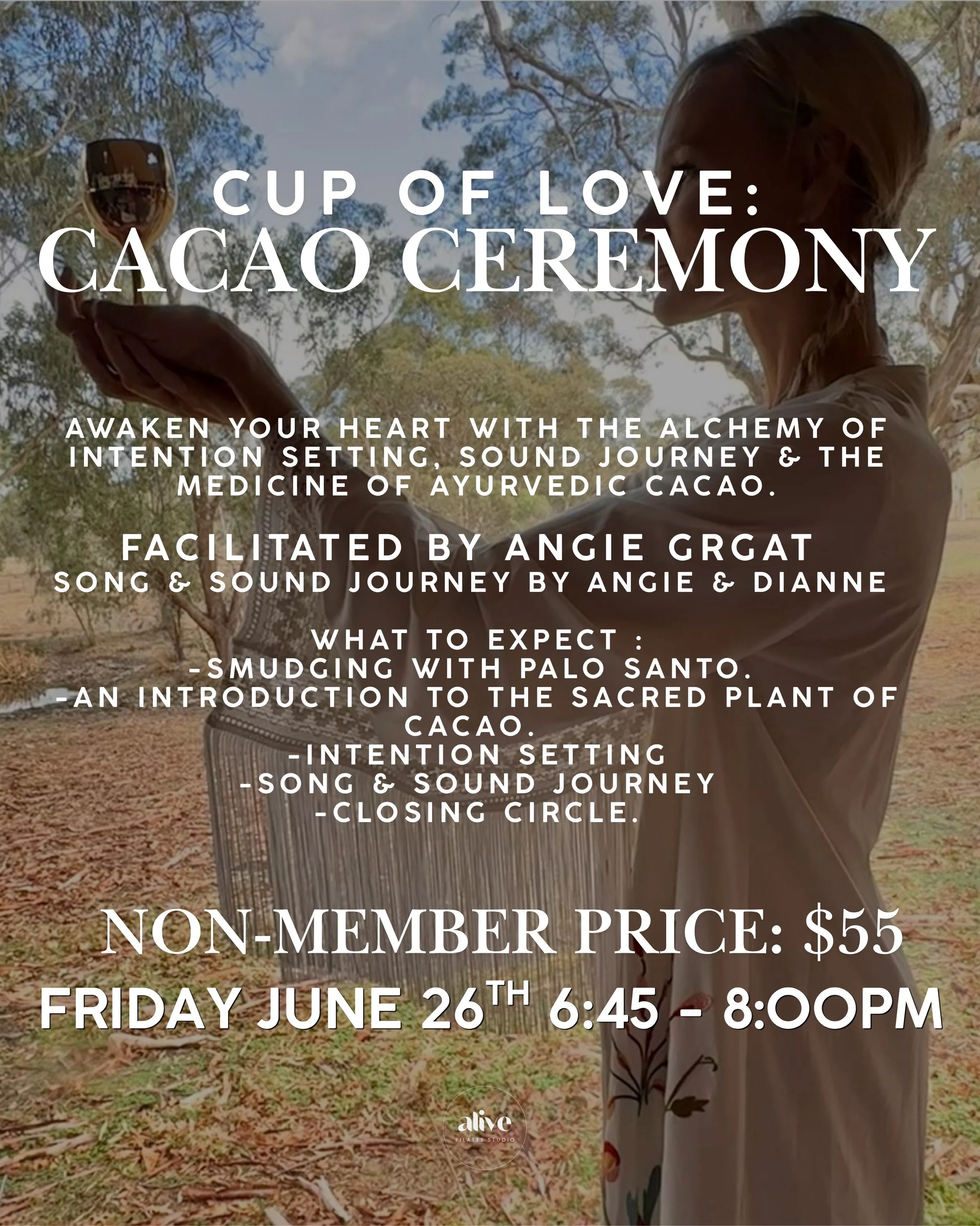 Awaken your heart with the alchemy of intention setting, sound journey &amp; the medicine of Ayurvedic Cacao.

Facilitated by Angie Grgat
Song &amp; Sound Journey by Angie &amp; Dianne

WHAT TO EXPECT :
- Smudging with Palo Santo.
- An introduction t