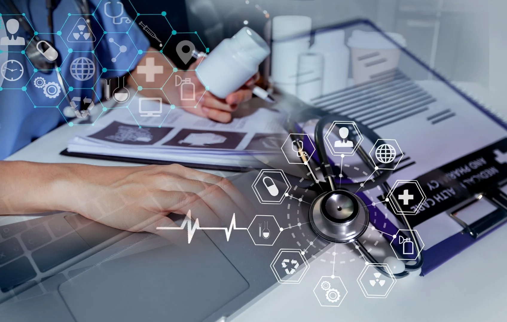 Healthcare professional reviewing medical records and digital health information with AI technology