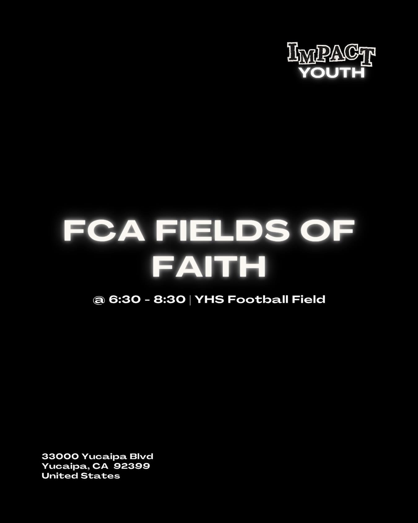 Youth is looking a little different this Wednesday! See you tonight on the field for FCA&rsquo;s Fields of Faith event! 🏈 🤩

Some details to share ⬇️
▪️Wednesday, @ 6:30-8:30
📍YHS Football Field; 33000 Yucaipa Blvd, Yucaipa, CA 92399