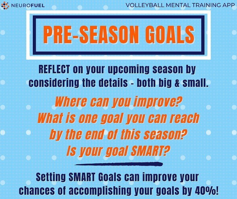 Pre-season is a great time to reset with new goals!
Start small and pick one area to improve - but be sure you are making your goals SMART!

Head to the NeuroFuel app and listen to the &ldquo;Preseason Goals&rdquo; session to learn how you can set yo